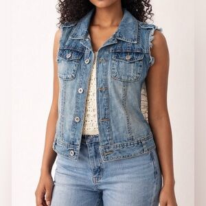 Vintage Havana Denim Vest Crochet Back Sleeveless Jacket Women’s S